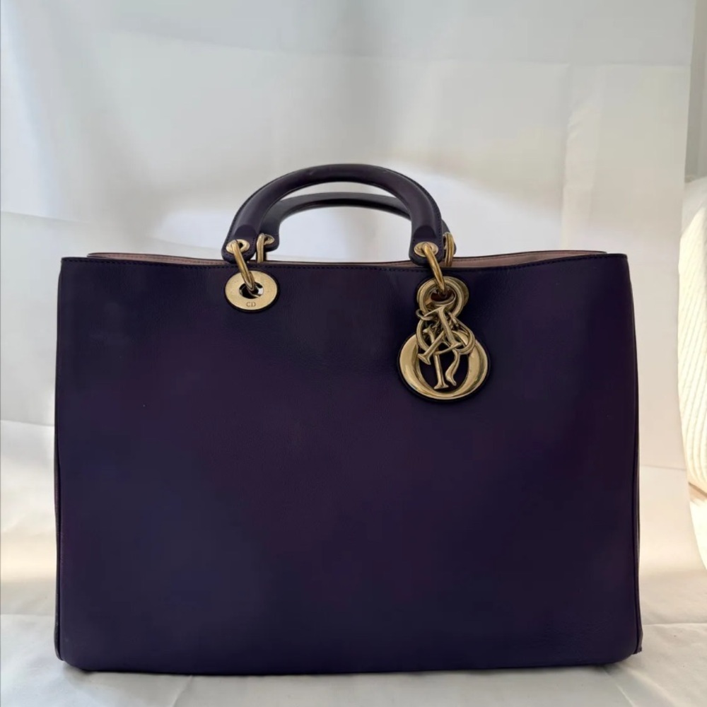 Elegant Purple Dior Designer Tote Bag strap and mini bag